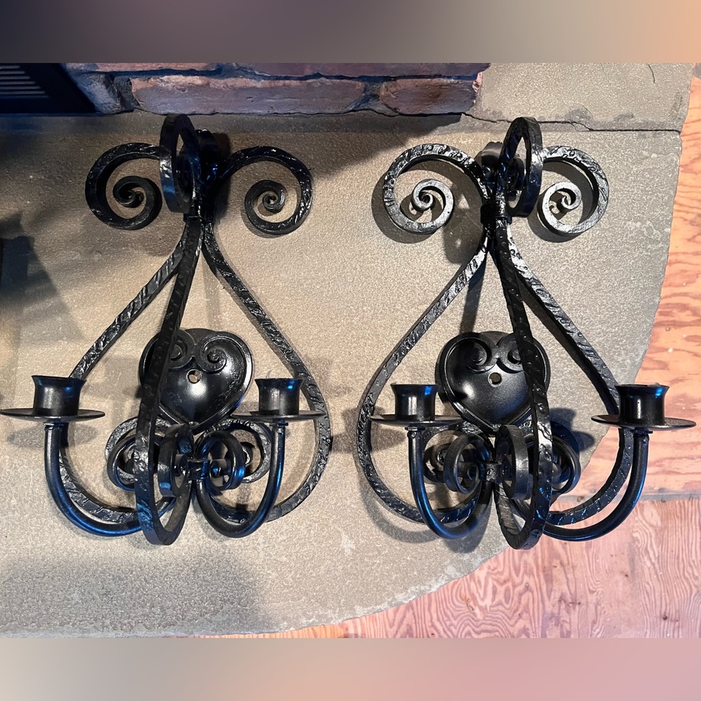 Black Wrought Iron Wall Candle Sconces - Classic Scroll Design